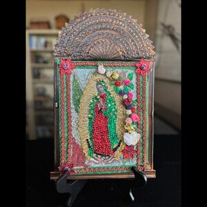 LG Vintage Mexican Copper Tin Nicho Shrine Our Lady of Guadalupe Devotional Art